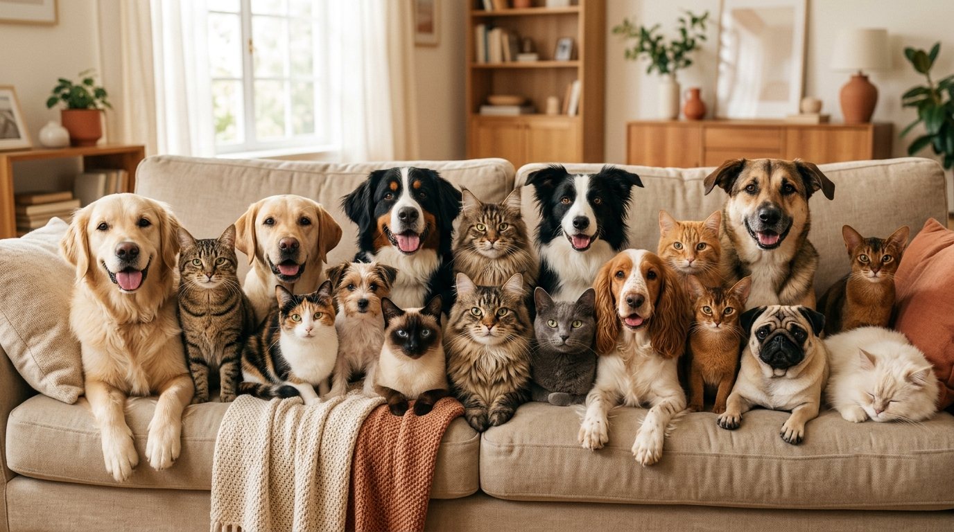 A group of happy cats and dogs together on a cozy living-room sofa